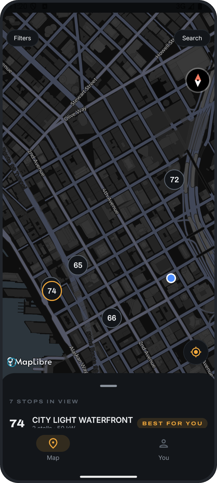 Map of nearby fast chargers, each scored right on the map