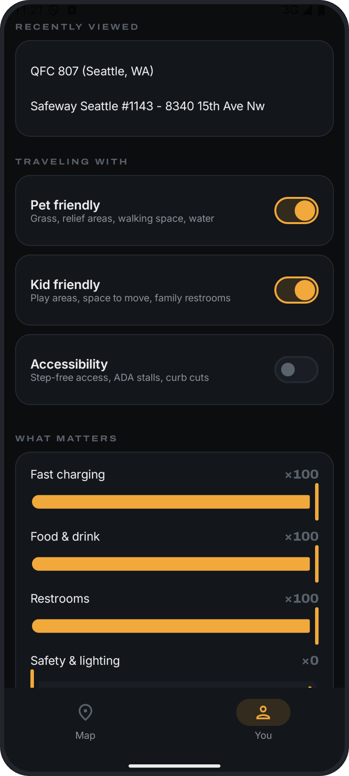 What matters: Fast charging, Food, Restrooms weighted with sliders