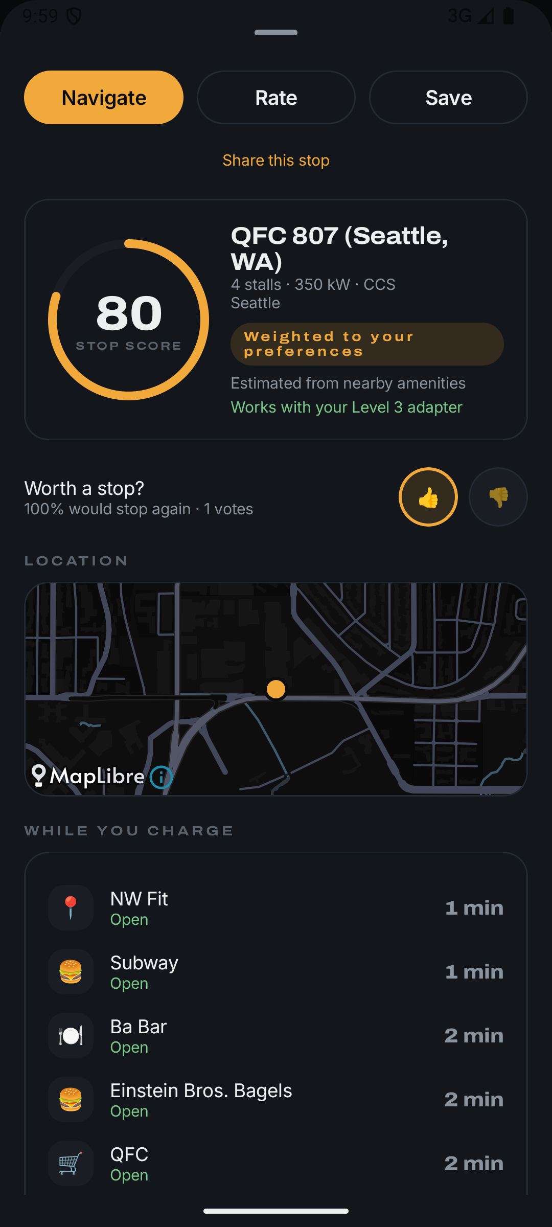 Stop detail: an 80 stop score, 350 kW, and what's open within a short walk