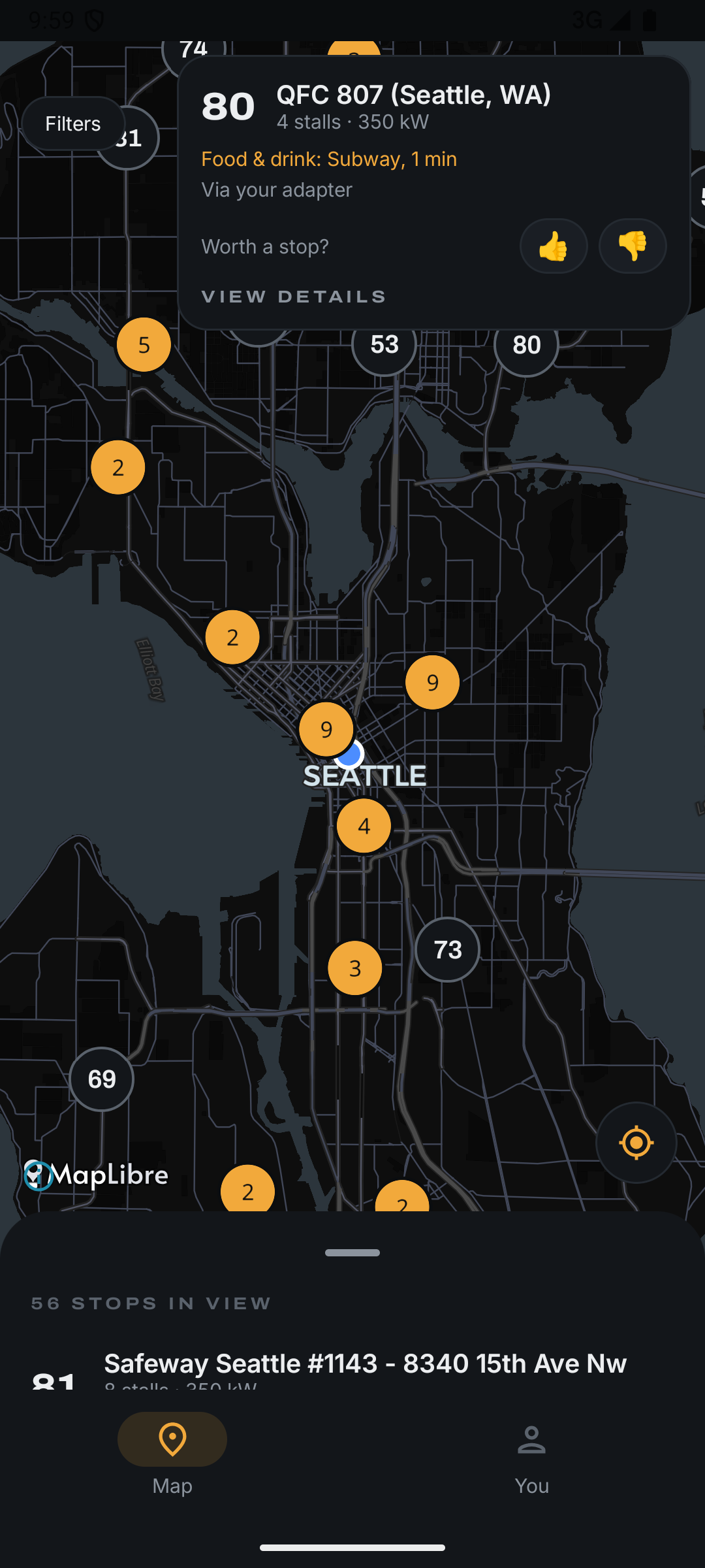 Plugside map of Seattle, charging stops scored on the map with a stop preview