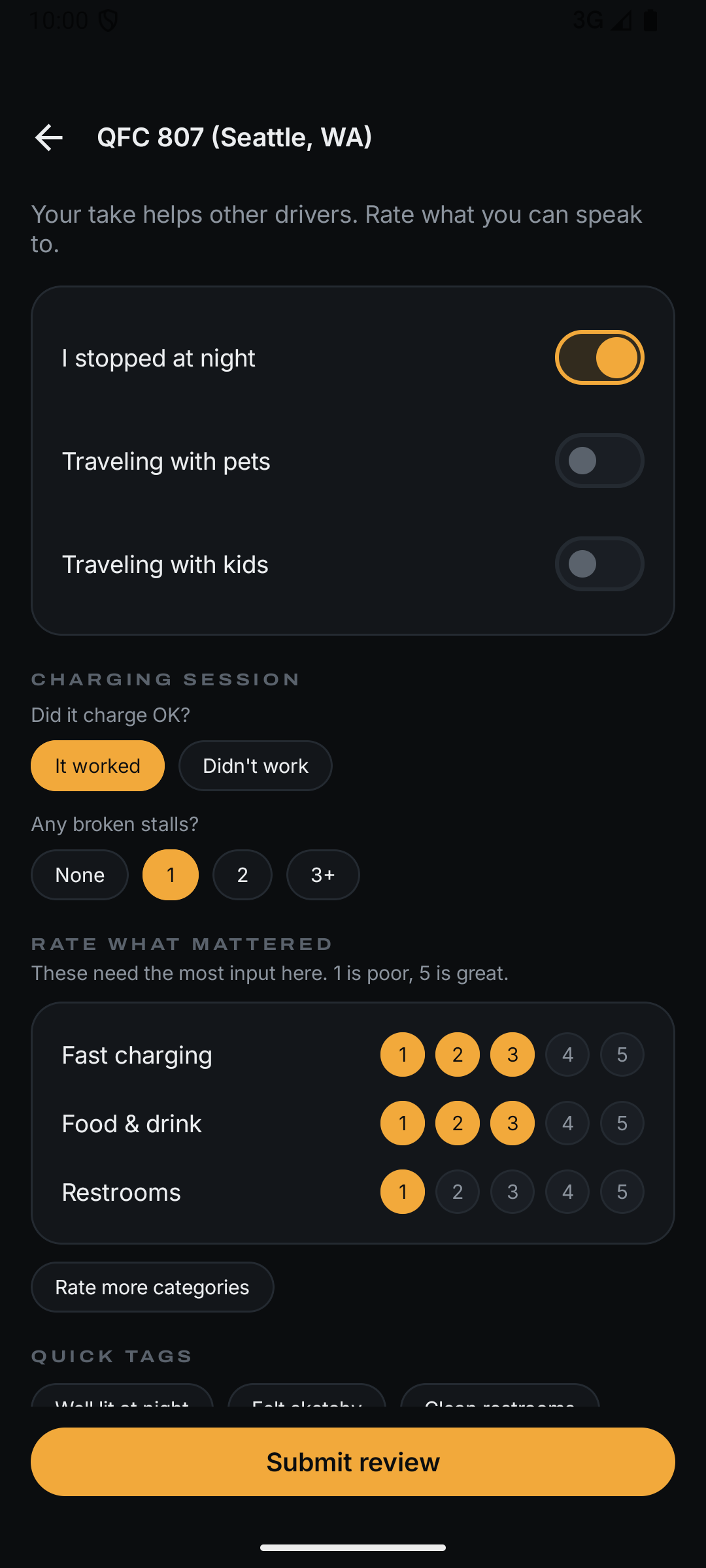 Rate a stop: charging session worked, broken stalls, quick category ratings