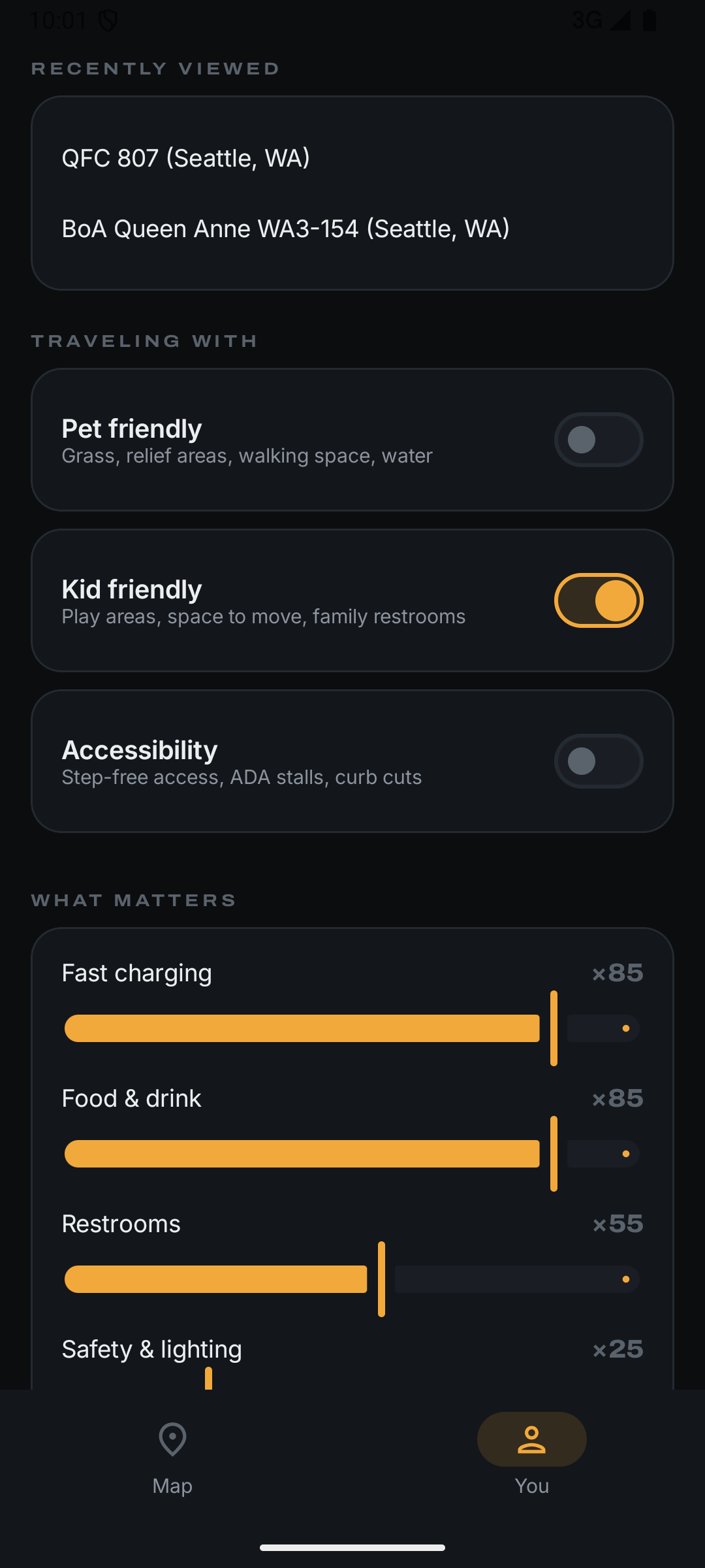 What matters: Fast charging, Food, Restrooms weighted with sliders